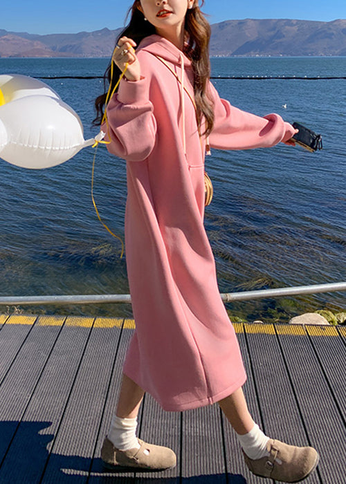 New Pink Hooded Pockets Cotton Dresses Fall
