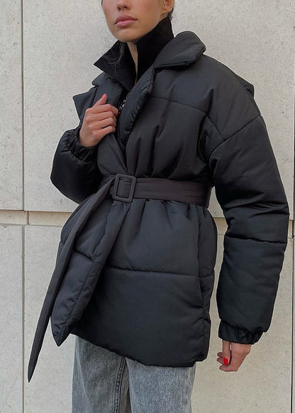 Grey Peter Pan Collar Tie Waist Fine Cotton Filled Coat Winter