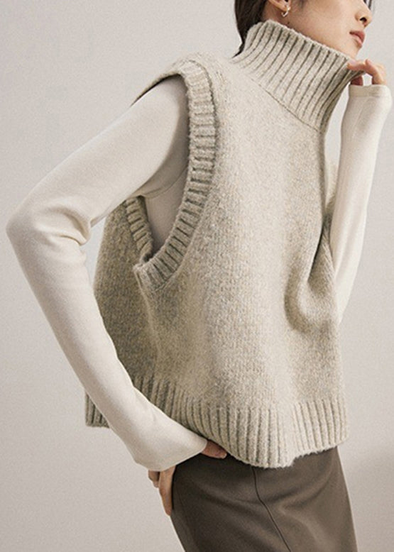 Camel Turtleneck Patchwork Knit Waistcoat Sleeveless