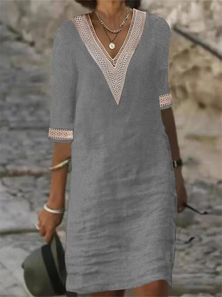 Colour V-neck Lace Trimmed Mid-sleeved Cotton and Linen Dress