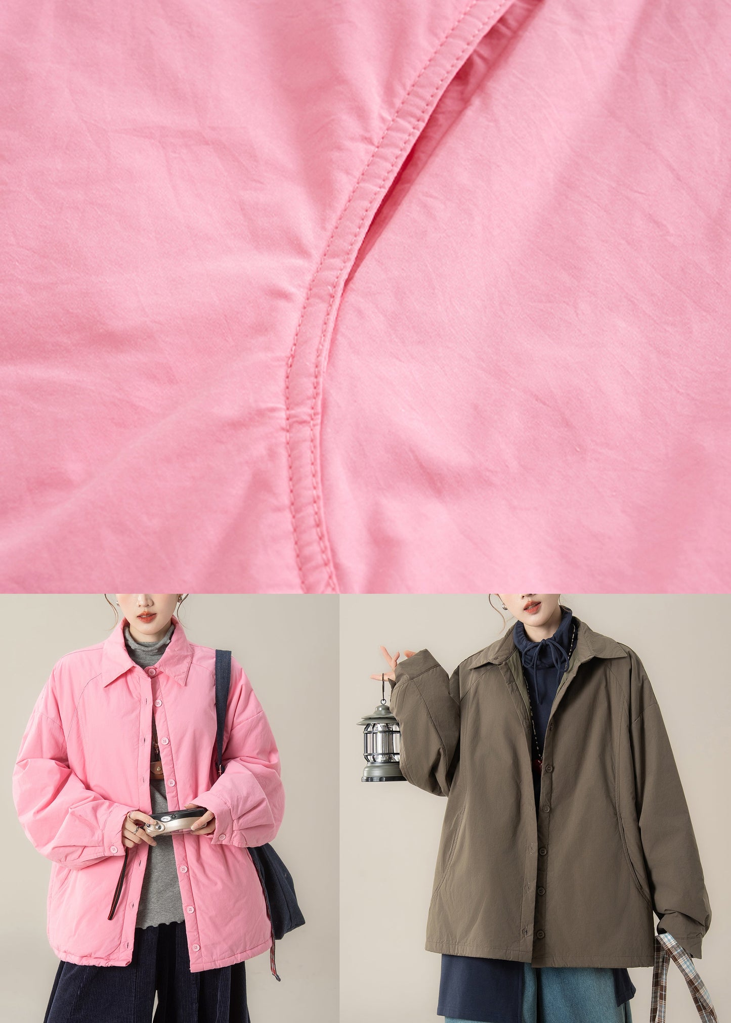 Pink Peter Pan Collar Pockets Cotton Filled Shirts Coats Winter