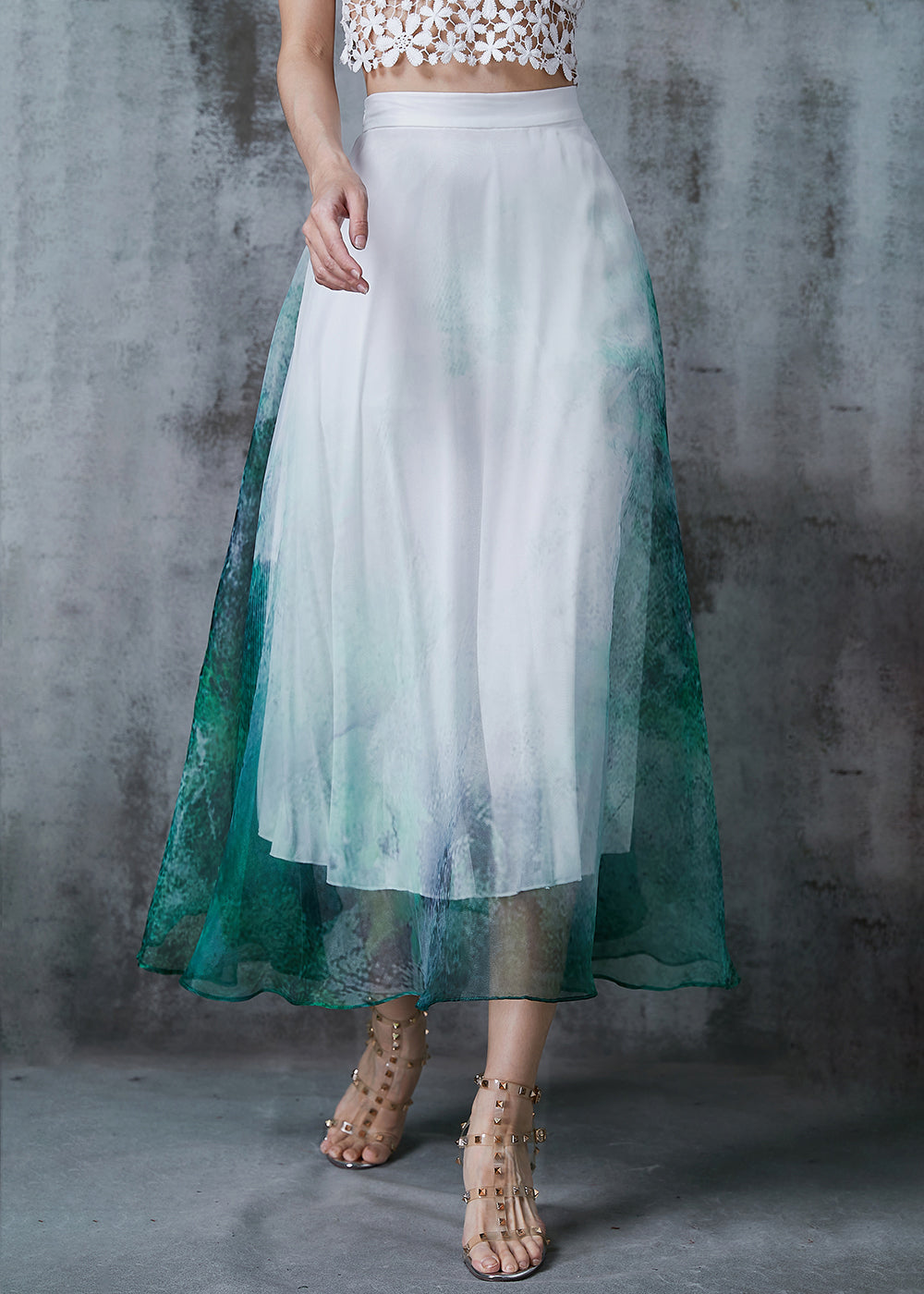 Green Tie Dye Exra Large Hem Chiffon Skirt Summer