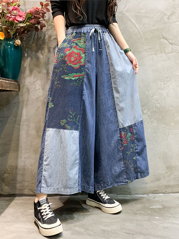 Color-block Bandage Embroidered Wide Leg Denim Pants