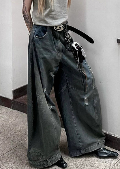 New Dark Gray Hole Pockets Denim Wide Leg Pants Summer