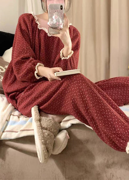 Red Dot Lace Patchwork Cotton Pajamas Two Pieces Set Fall