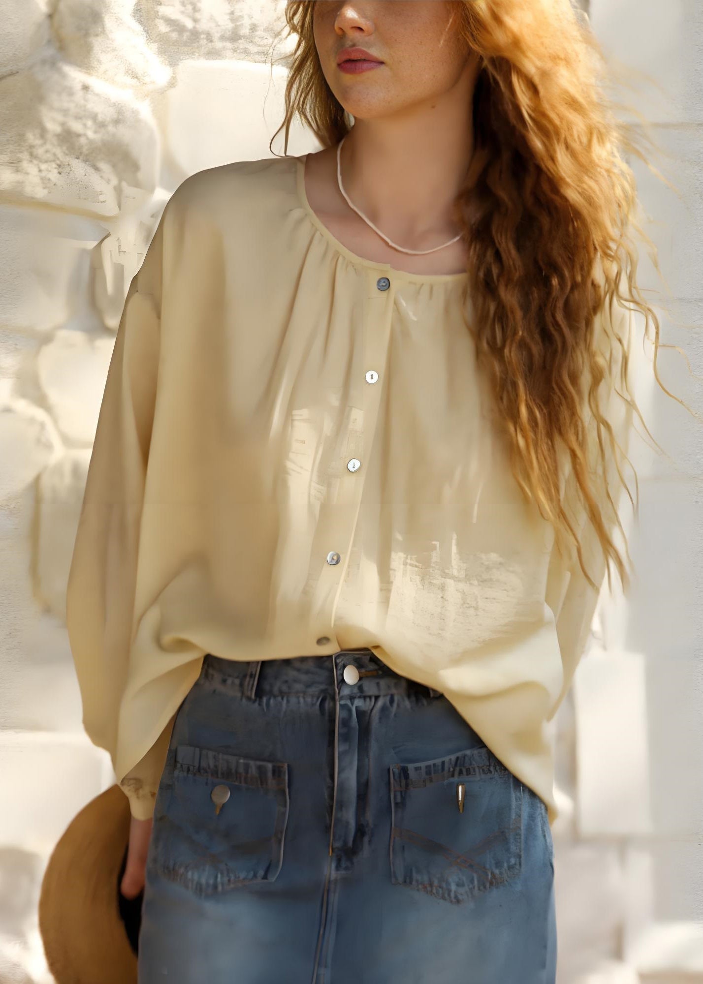 Yellow O Neck Button Cotton Shirts Tops Spring