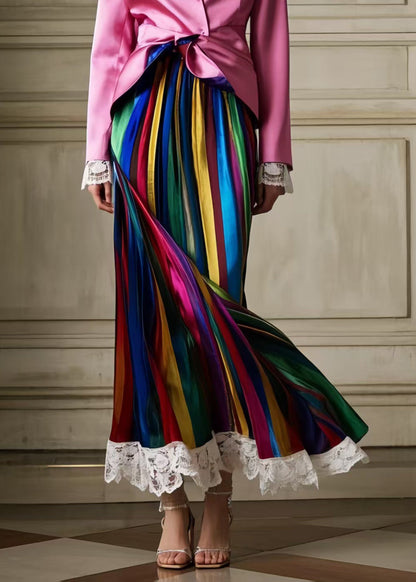 Multicolour Striped Patchwork Lace Silk Pleated Skirt Summer