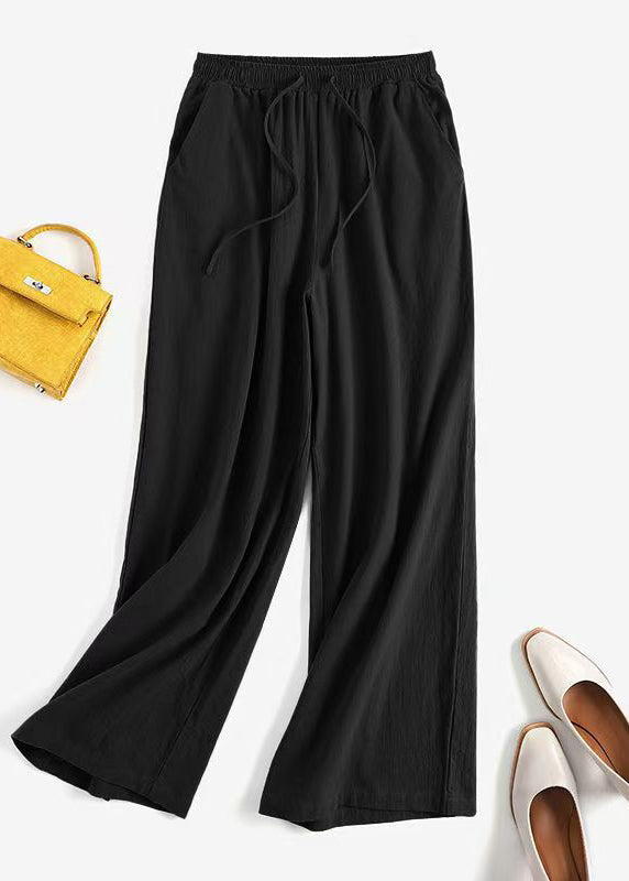 Khaki Elastic Waist Pockets Wide Leg Pants Summer