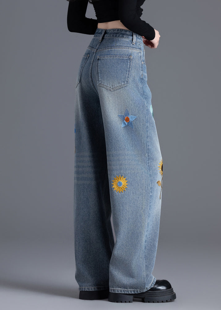 Boutique Blue Embroidered Denim Straight Pants Spring