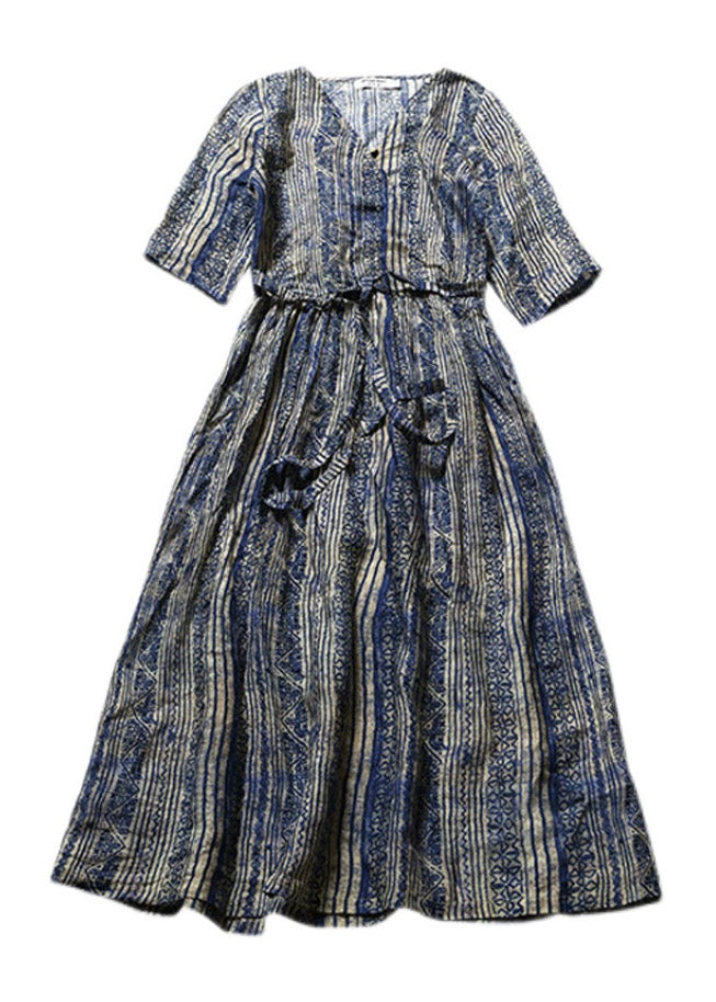 Blue V Neck Striped Patchwork Pockets Linen Dresses Short Sleeve