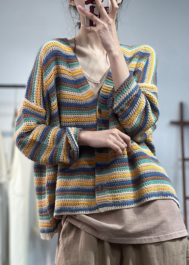 Blue V Neck Button Cotton Knit Coat Fall