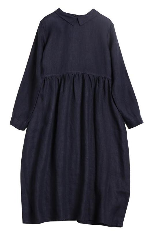 Linen Color Doll Collar Long Sleeves Dress