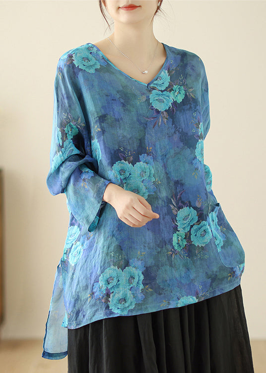 Style Blue Oversized Linen Shirt Tops Spring