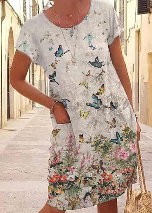 White O Neck Print Pockets Loose Cotton Dress Summer