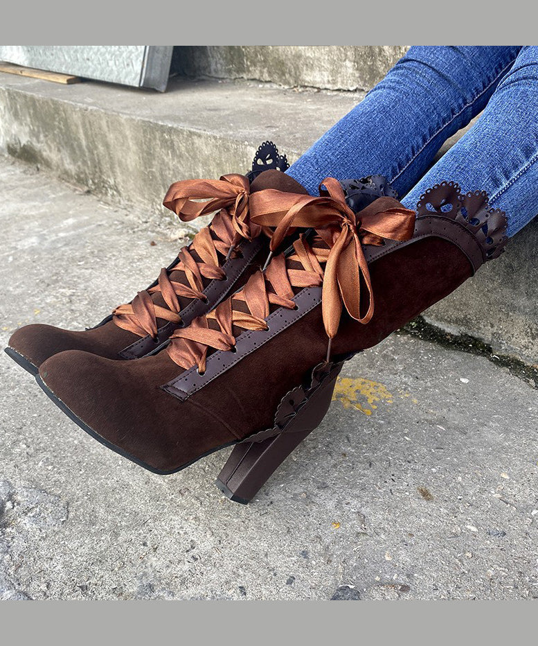 Stylish Black Suede Lace Cross Strap Splicing Chunky Heel Boots