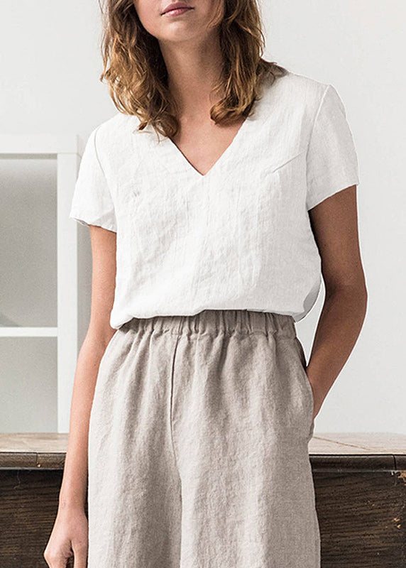 Boutique Green V Neck Simple Linen T Shirts Summer