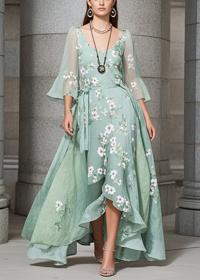 Green Asymmetrical Print Exra Large Hem Chiffon Holiday Dress Summer