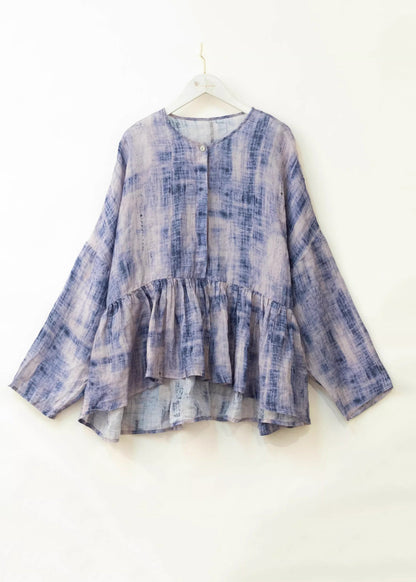 Blue O Neck Tie Dye Patchwork Cotton Top Spring