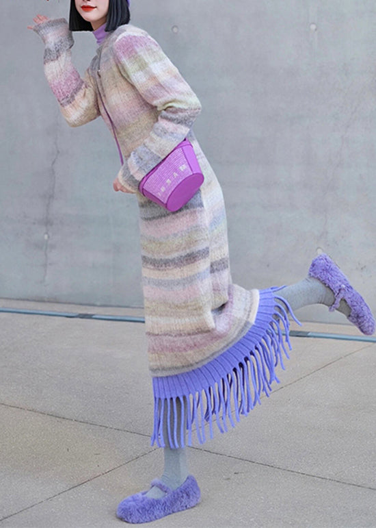 Striped O-neck Tassel Patchwork Ma Hai Mao Knit Dress Winter