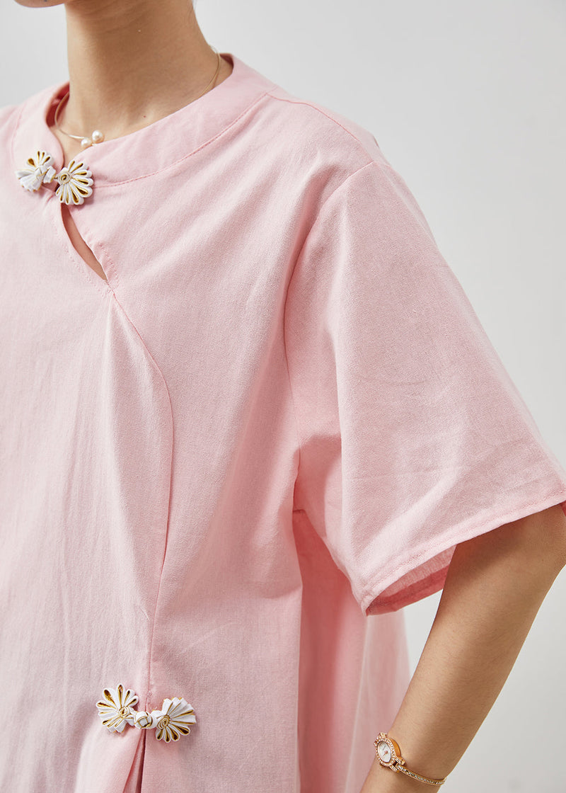 Boutique Pink Chinese Button Cotton Shirt Tops Summer