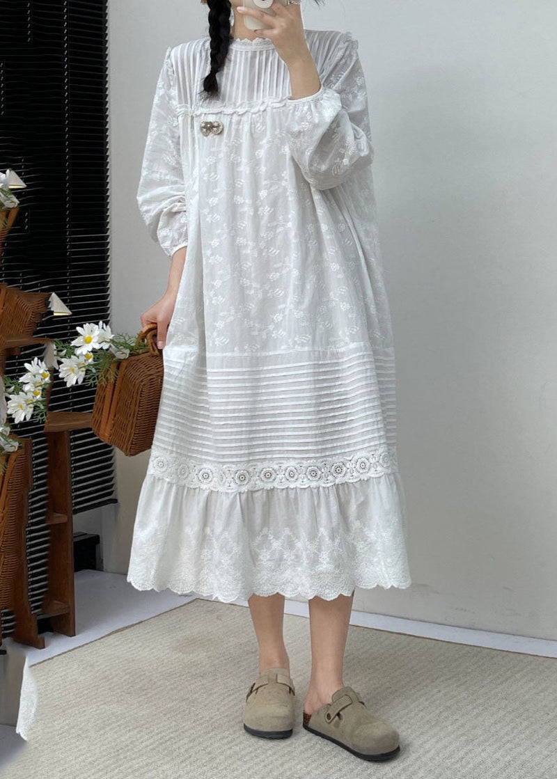 White Embroidered Ruffled Patchwork Wrinkled Cotton Maxi Dress Long Slee