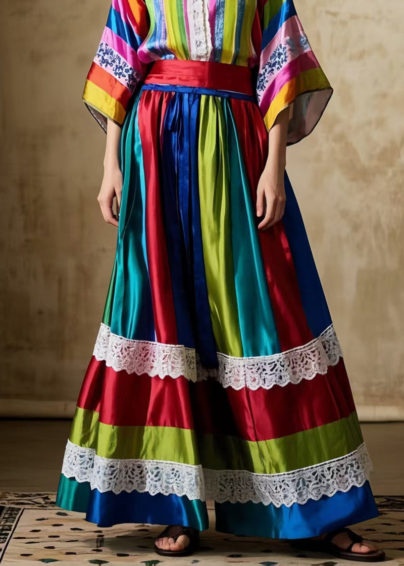 Striped Patchwork Exra Large Hem Silk Skirts Spring