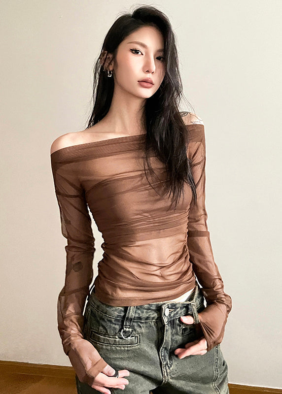 Brown Tulle Hollow One Line Neck Long Sleeved T Shirt Top