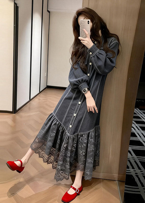 Black Peter Pan Collar Lace Patchwork Denim Dress Spring