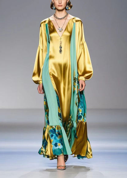Golden Patchwork Silk Dress V Neck Lantern Sleeve