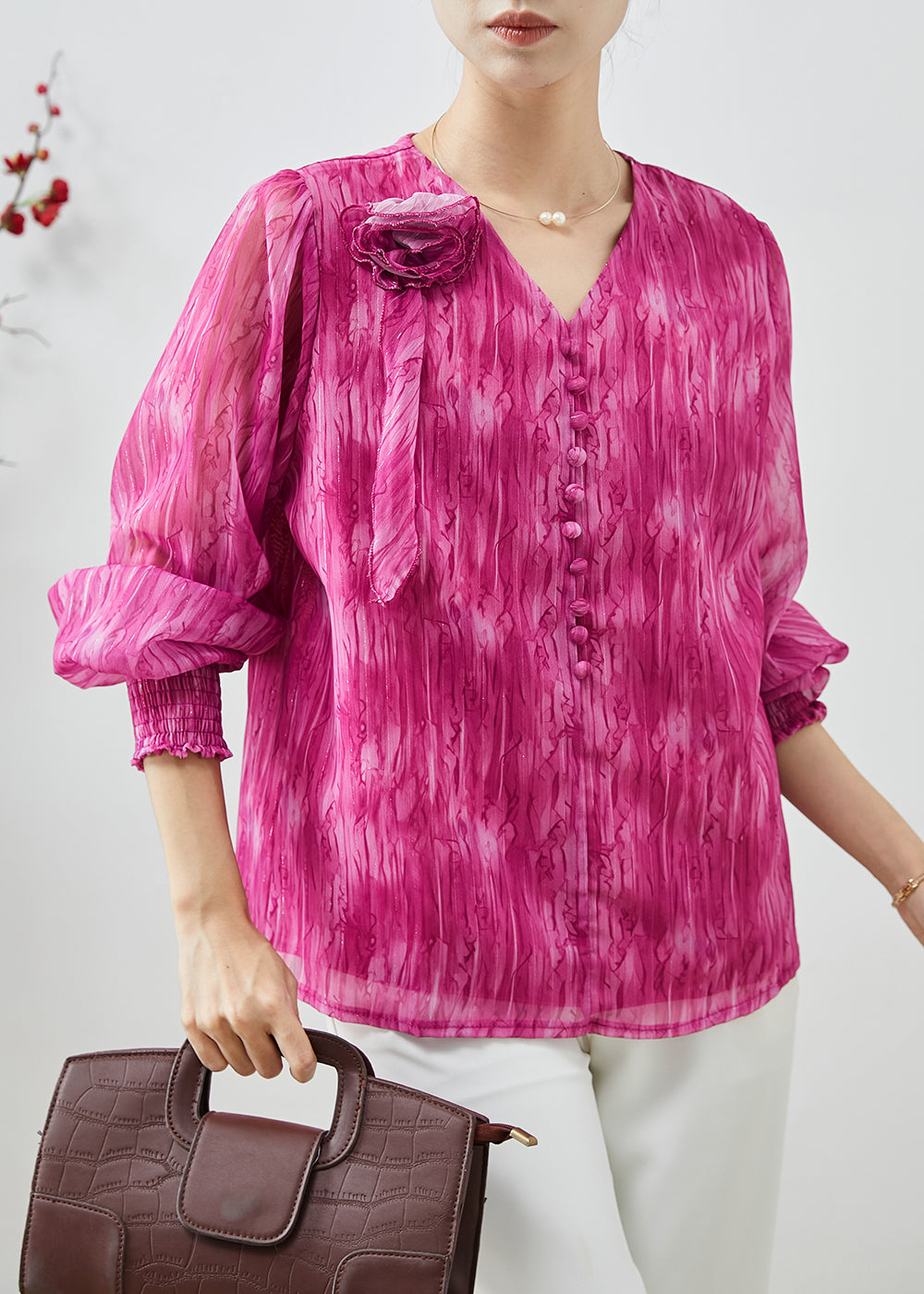 Rose V Neck Chiffon Tops Spring