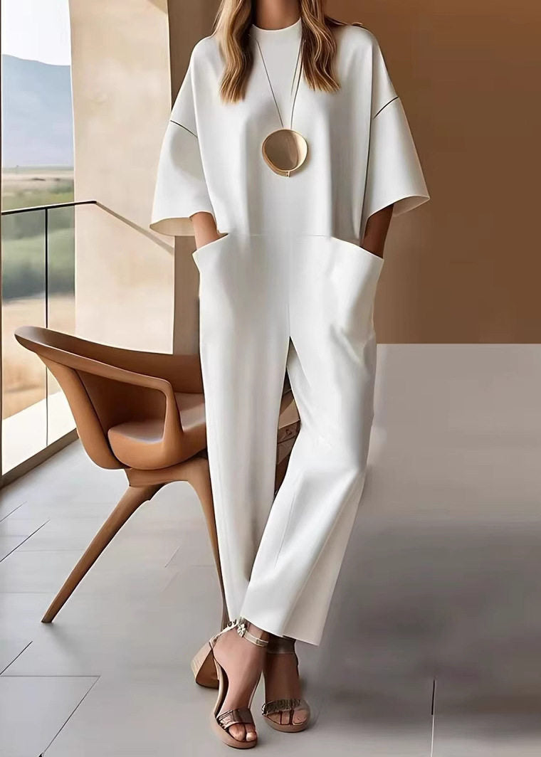Style White O-neck Patchwork Pockets Jumpsuits Half Sleeve