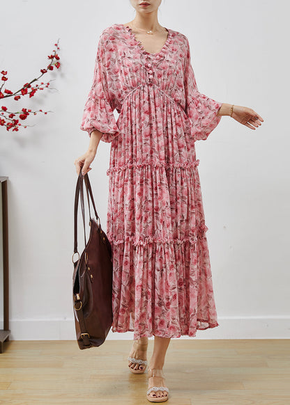 Pink Ruffled Print Chiffon Maxi Dresses Lantern Sleeve