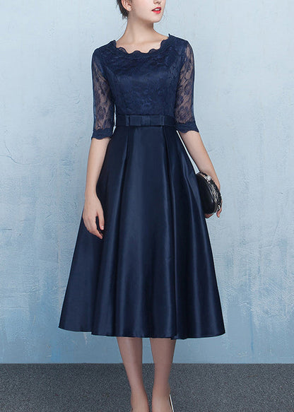 Navy Lace Patchwork Silk Dresses Summer