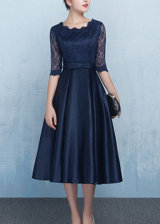 Navy Lace Patchwork Silk Dresses Summer