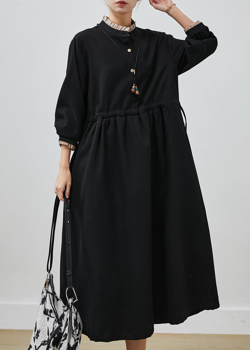 Black Drawstring Cotton Fake Two Piece Dresses Spring