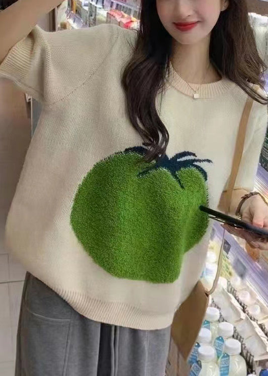 White O Neck Thick Print Knit Sweaters Top Half Sleeve