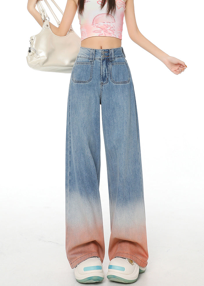 Blue Gradient Pockets Denim Wide Leg Pants Fall