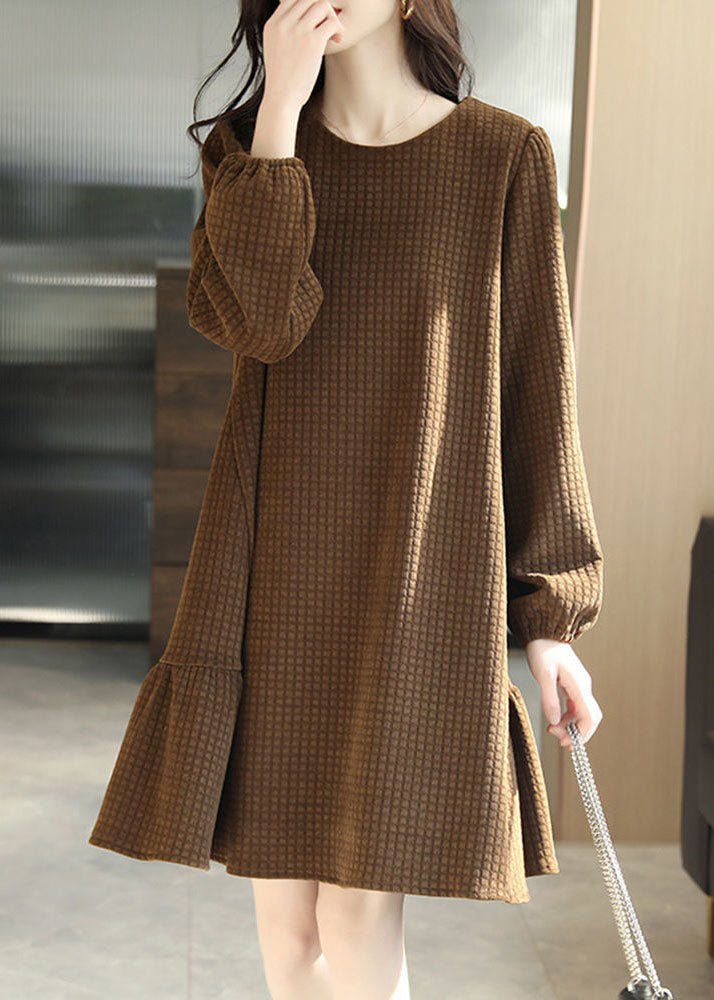 French Chocolate O-neck Plaid Color Sashes Cotton Holiday Dress Long Sleeve