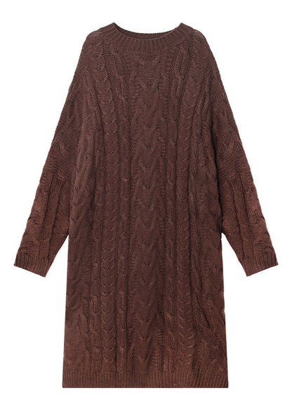 Classy Coffee O-neck Jacquard Fall Sweater Dress
