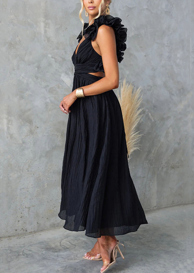 Black Elastic Waist Cotton Long Dresses V Neck Sleeveless