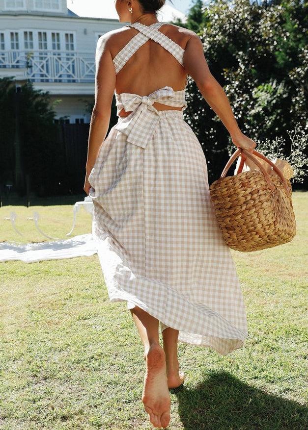 Plaid Backless Lace Up Cotton Long Dresses Sleeveless