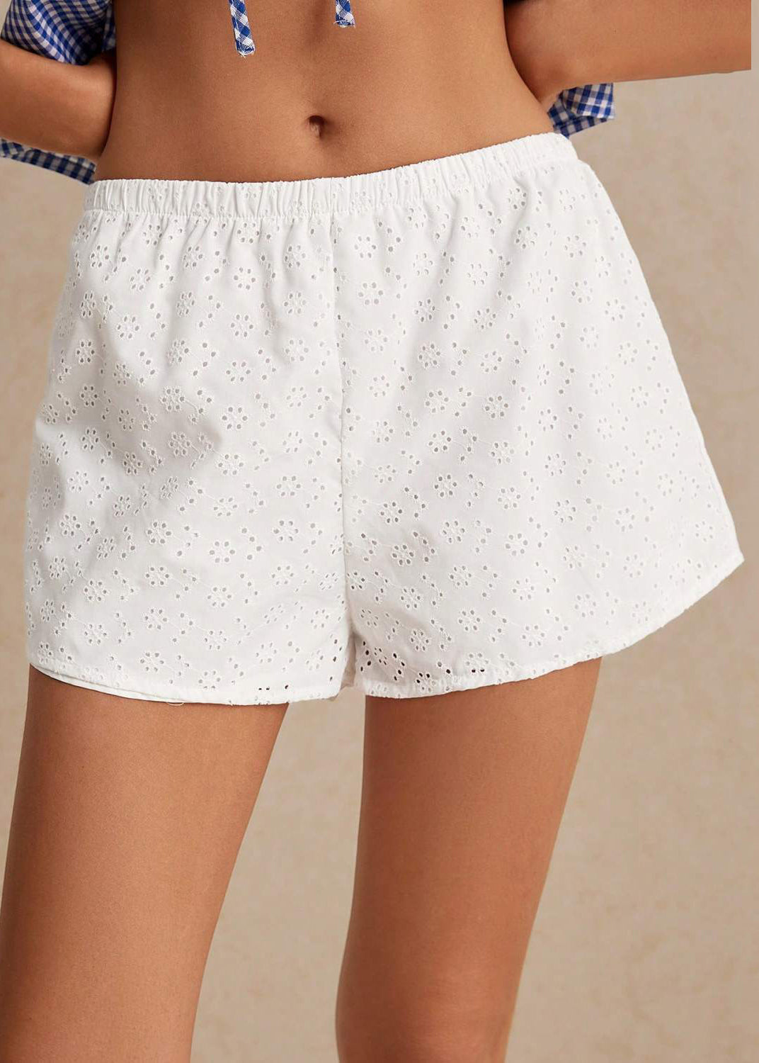 White Embroidered Elastic Waist Cotton Shorts Summer
