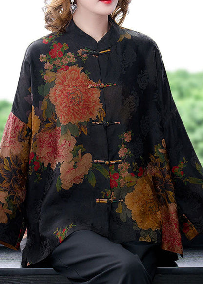 Original Black Mandarin Collar Button Print Silk Coats Long Sleeve