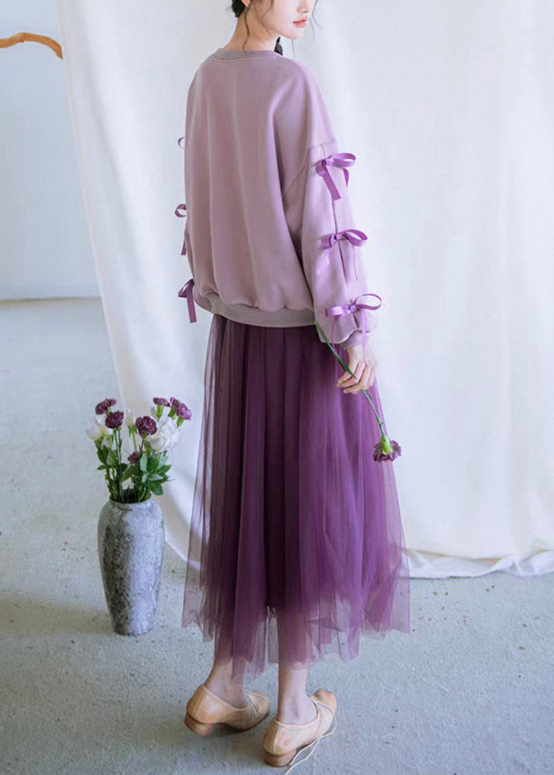 Loose Purple Bow Cotton Sweatshirt and Tulle Dress Two Pieces Set Fall