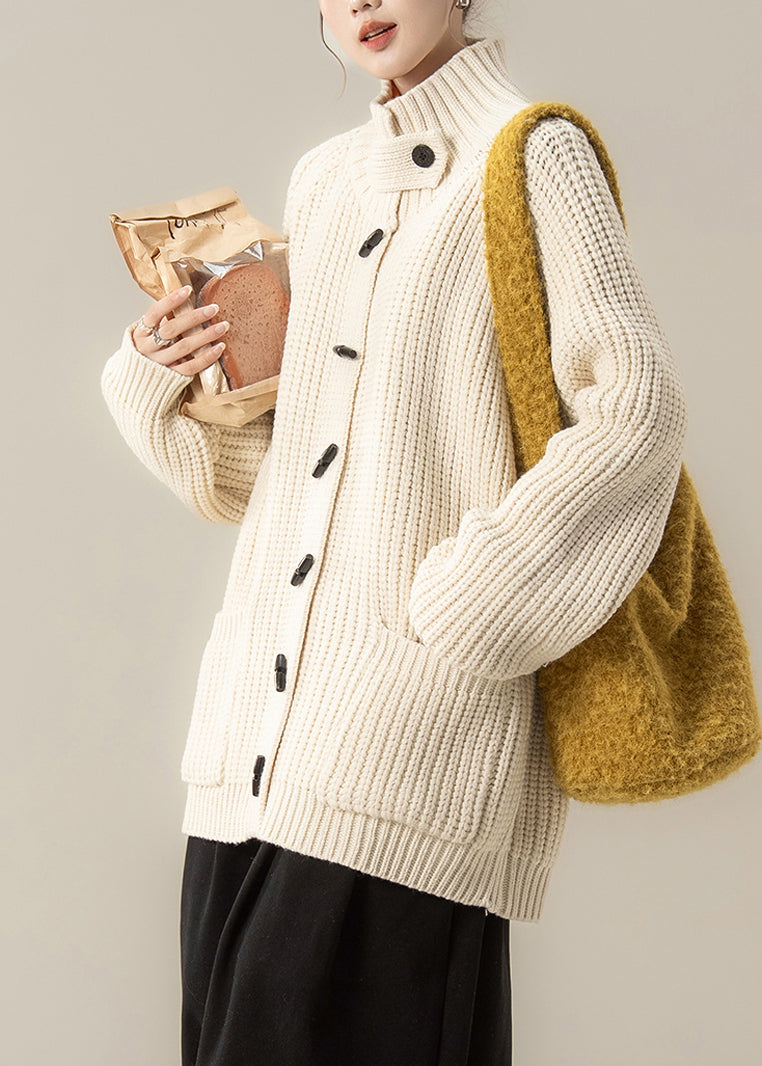 Beige Pockets Cotton Knit Cardigan Long Sleeve