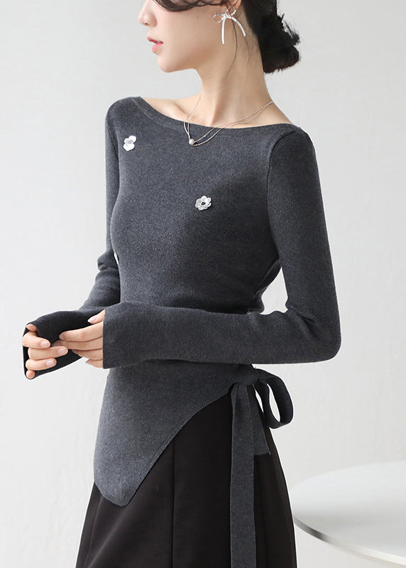 French Dark Grey Asymmetrical Sequins Knit Sweater Winter