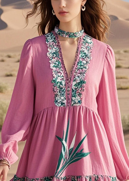 Diy Pink V Neck Print Cotton Work Dress Fall