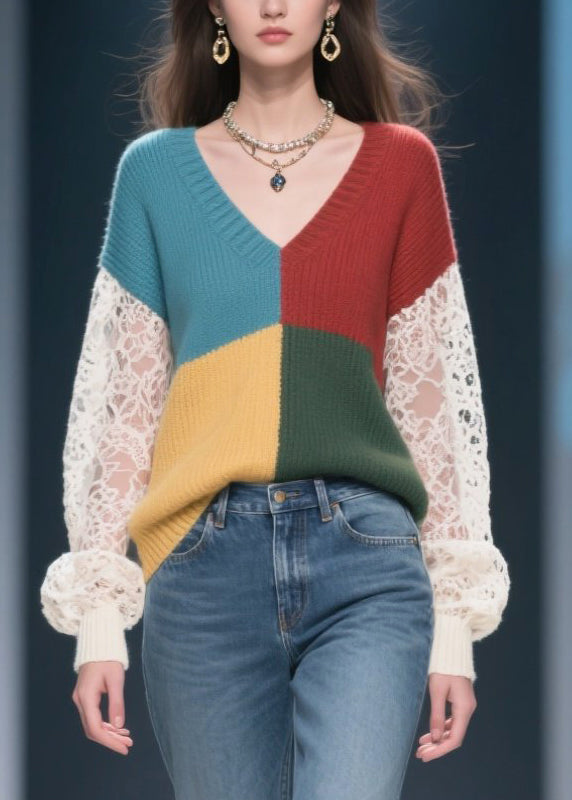 Mixed Color Hollow Out Patchwork Lace Sweater Tops Fall