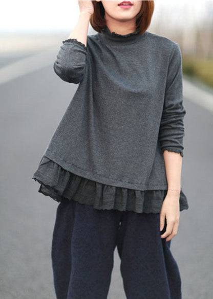 Chocolate Stand Collar Patchwork Ruffles Cotton Tops Spring