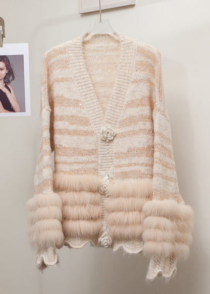 Striped Grey Fox Fur Patchwork Knit Cardigans Winter